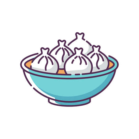 Khinkali RGB color icon. Georgian meal recipe. Chinese dumpling. Oriental dish. National culinary, traditional cuisine. Cookery recipe. Hot Hong Kong food. Isolated vector illustrationのイラスト素材