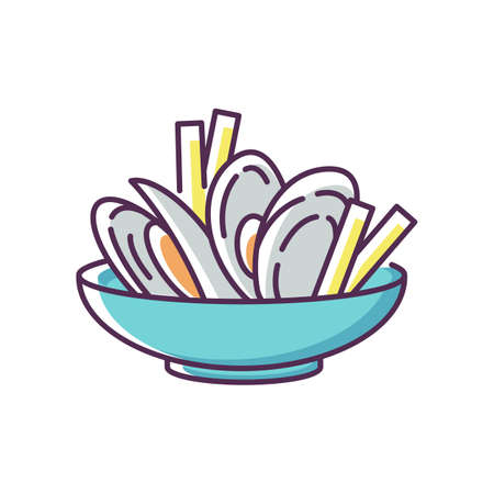 Moules frites RGB color icon. Traditional mussels and chips. French national meal. Brussel culinary. European cuisine recipe. Ingredient for cookery. French fries. Isolated vector illustrationのイラスト素材