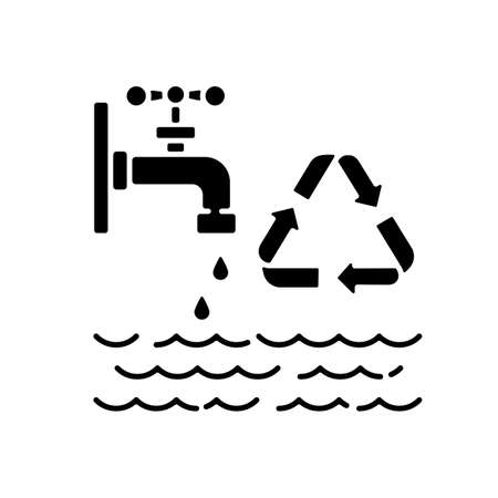 Reducing water use black glyph icon. Zero waste lifestyle advice, resources economy. Responsible consumption silhouette symbol on white space. Water reuse and recycling. Vector isolated illustrationのイラスト素材