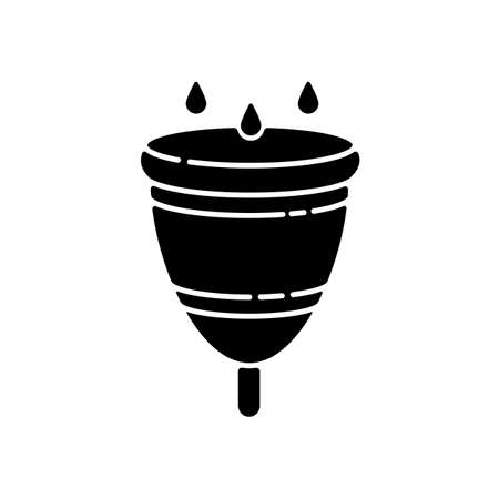 Menstrual cup black glyph icon. Zero waste lifestyle, menstruation silhouette symbol on white space. Feminine accesory, female hygiene. Small silicone cup for woman period vector isolated illustrationのイラスト素材