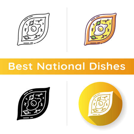 Khachapuri icon. Oriental meal. Adjara dish. Georgian dish recipe. Hot food with seasoning. Lunch cookery. National cuisine. Linear black and RGB color styles. Isolated vector illustrationsのイラスト素材