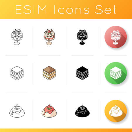 European desserts icons set. Trifle. European cuisine. Tiramisu. Panna cotta. Italian traditional sweets. Classic English dessert. Linear, black and RGB color styles. Isolated vector illustrationsのイラスト素材
