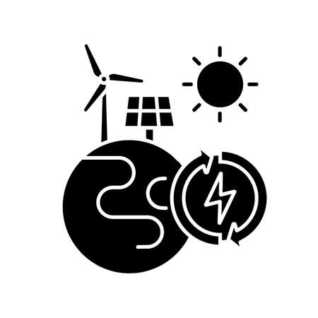Renewable energy black glyph icon. Alternative power generation sources silhouette symbol on white space. Environment protection. Planet with solar panel and wind turbine vector isolated illustrationのイラスト素材