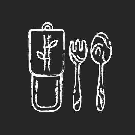 Bamboo cutlery chalk white icon on black background. Eco friendly lifestyle, zero waste policy. Handmade wooden tableware, biodegradable fork and spoon isolated vector chalkboard illustrationのイラスト素材