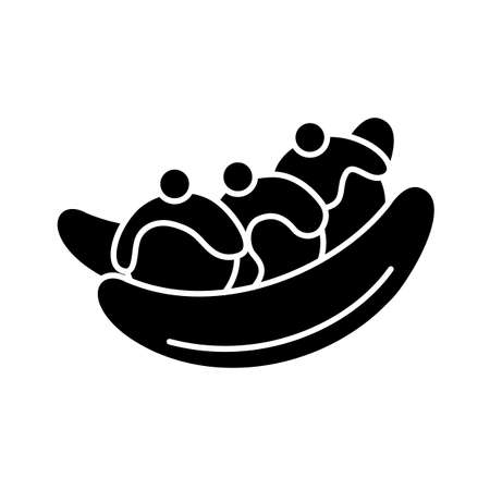 Banana split black glyph icon. Ice cream based dessert with banana and cherries. National American cuisine. World desserts. Silhouette symbol on white space. Vector isolated illustrationのイラスト素材