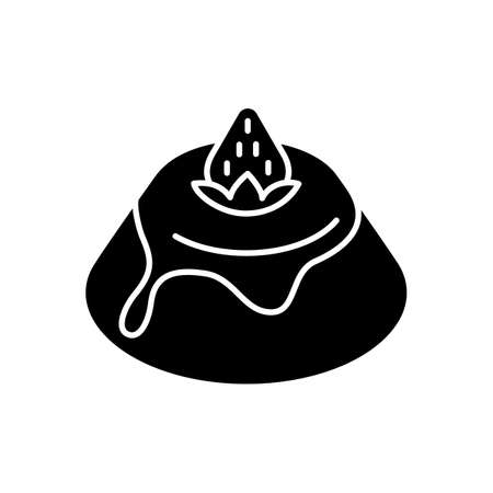 Panna Cotta black glyph icon. Italian pudding with strawberry sauce. Traditional Italian desserts. European cuisine and sweets. Silhouette symbol on white space. Vector isolated illustrationのイラスト素材