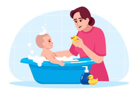Baby hygiene semi flat RGB color vector illustration. Toddler in bathtub. Mother washing baby. Kid play in bathroom. Family bonding. Happy mum wash son isolated cartoon character on blue backgroundのイラスト素材