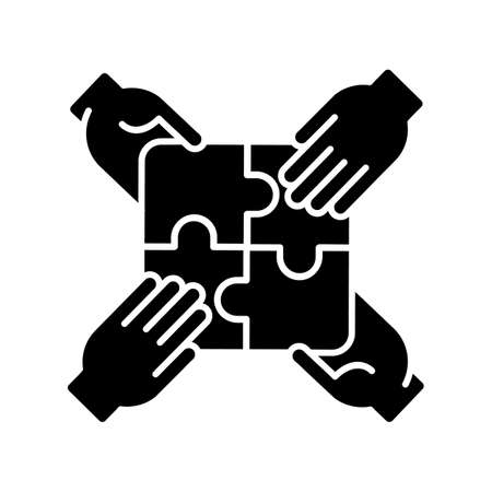 Teamwork building black glyph icon. Teamwork skills development, togetherness silhouette symbol on white space. Team building exercise, collaborative problem solving. Vector isolated illustrationのイラスト素材