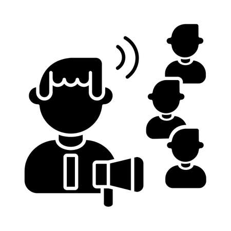 Influencing skills black glyph icon. Public announcement, customer attraction, marketing campaign silhouette symbol on white space. Influencer with megaphone and followers vector isolated illustrationのイラスト素材