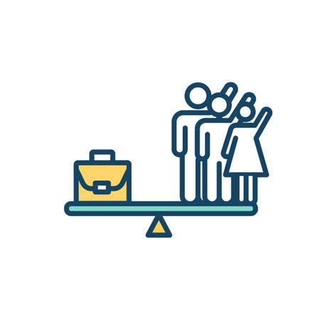 Work life balance RGB color icon. Job and people on scale. Weight of employment. Professional occupation. Work force challenge. Unemployment rate, social issue. Isolated vector illustrationのイラスト素材