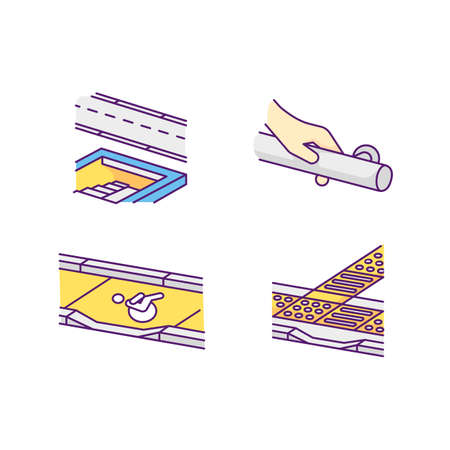 Disabled pedestrian facilities RGB color icons set. Safe pedestrian crosswalk. Modern wall mounted handrails. Tactile guidance. Tenji blocks. Truncated domes. Isolated vector illustrationsのイラスト素材