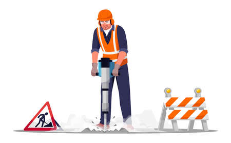 Road repair worker semi flat RGB color vector illustration. Workman drilling concrete with heavy machinery. Male road construction worker with equipment isolated cartoon character on white backgroundのイラスト素材