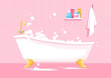 Pink bathroom semi flat vector illustration. Bath tub with bubbles. Bathtub with soap foam for daily hygiene. Feminine room interior with tile 2D cartoon background for commercial useのイラスト素材