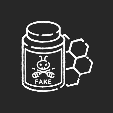 Fake honey chalk white icon on black background. Artificial food, synthetic bee product. Sweet dessert, delicious dainty. Jar with man made syrup, DIY honey isolated vector chalkboard illustrationのイラスト素材