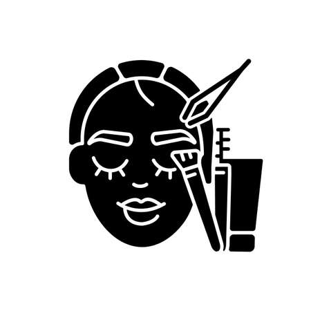 Brow art black glyph icon. Eyebrow lamination and tinting. Beauty salon. Semi permanent eyebrows makeup. Beauty procedures. Silhouette symbol on white space. Vector isolated illustrationのイラスト素材