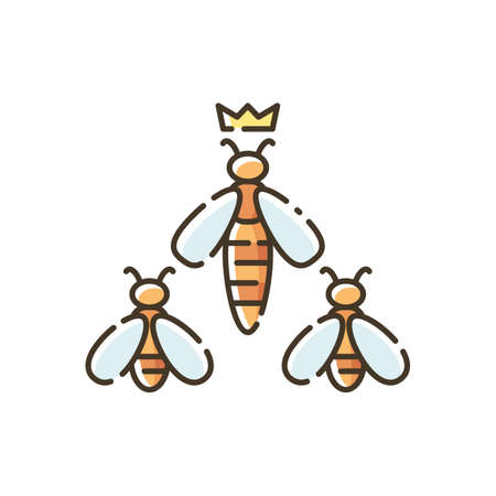 Queen bee RGB color icon. Apiology, beehive hierarchy. Beekeeping, apiculture. Honeybee workers with colony queen. Flying insects isolated vector illustrationのイラスト素材