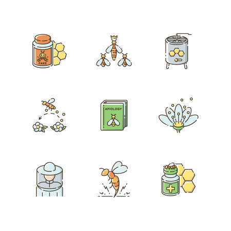 Apiculture RGB color icons set. Beekeeping business, organic honey making farm. Apiary, apiology. Honeybees and natural bee products. Isolated vector illustrationsのイラスト素材