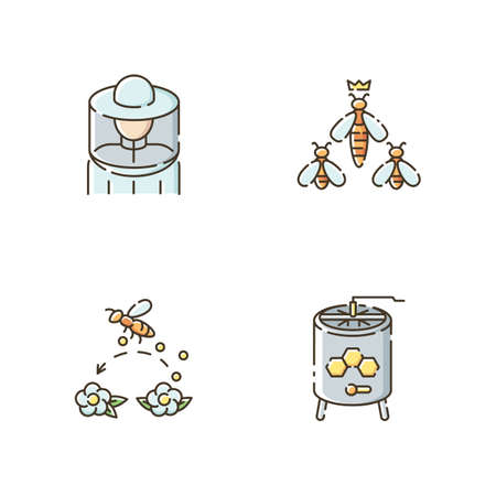 Beekeeping business RGB color icons set. Beekeeper suit, queen bee, pollination and honey extractor. Honeybees and apiarist tools. Isolated vector illustrationsのイラスト素材