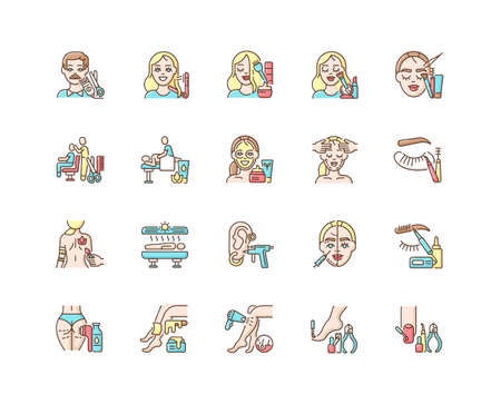 Beauty salon RGB color icons set. Anti cellulite program. Lash making. Face fitness. Hair styling and cutting. Body art. Beauty procedures. Beautician services. Isolated vector illustrationsのイラスト素材