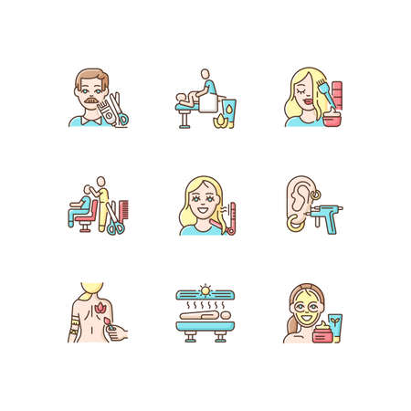 Beauty shop RGB color icons set. Body art. Women and men hair styling. Solarium machine. Traditional massage. Skin care. Beautician and cosmetologist services. Isolated vector illustrationsのイラスト素材
