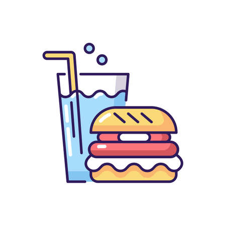 Fast food RGB color icon. Special eating area in water park. Aquapark recreation rule, takeout service. Fizzy drink and hamburger isolated vector illustrationのイラスト素材