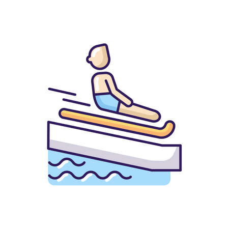 Swimming mat RGB color icon. Waterslide riding rules, aqua park entertainment. Active recreation. Tourist sliding on inflatable mattress isolated vector illustrationのイラスト素材