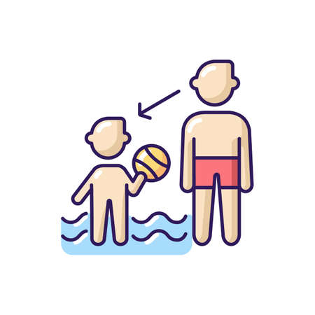 Watch your children RGB color icon. Water park safety rule, public places behaviour. Family recreation. Father and son at aquapark isolated vector illustrationのイラスト素材