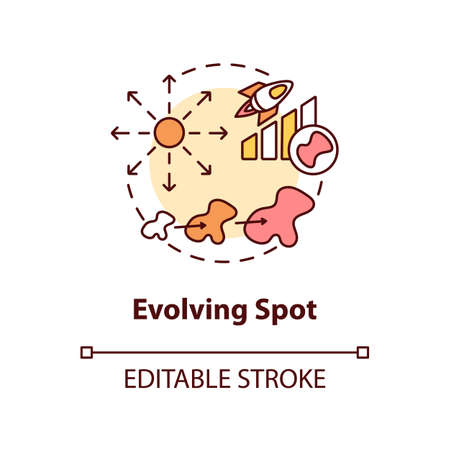 Evolving spot concept icon. Melanoma warning symptomes. Changing color, size and shape mole idea thin line illustration. Vector isolated outline RGB color drawing. Editable strokeのイラスト素材