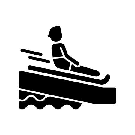 Swimming mat black glyph icon. Waterslide riding rules, aqua park entertainment silhouette symbol on white space. Active recreation. Tourist sliding on inflatable mattress vector isolated illustrationのイラスト素材