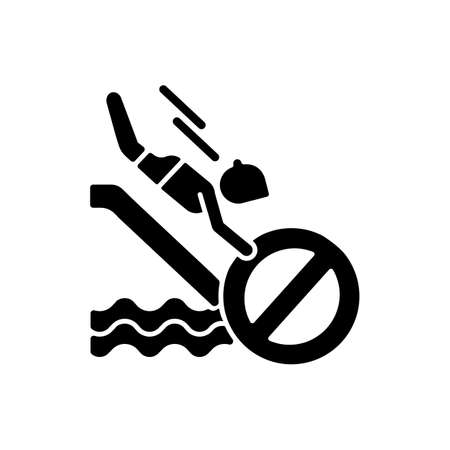 No head down sliding black glyph icon. Water park security policy, safety rule for waterslide attractions. Aqua park entertainment silhouette symbol on white space. Vector isolated illustrationのイラスト素材