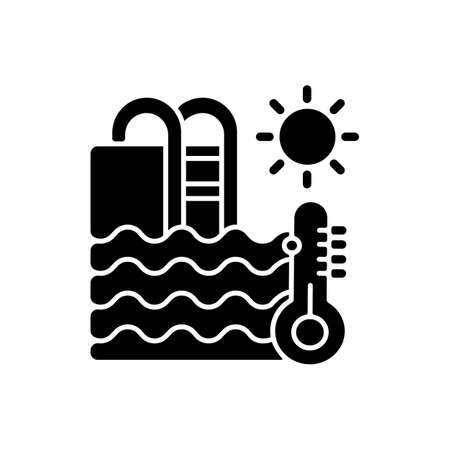 Water temperature black glyph icon. Water park recreation, summer rest silhouette symbol on white space. Aquapark rule, healthy conditions. Swimming pool with thermometer vector isolated illustrationのイラスト素材