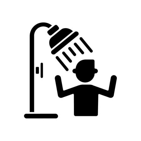 Use shower black glyph icon. Water park service, public douche. Personal hygiene, body care silhouette symbol on white space. Summer refreshment. Person taking shower bath vector isolated illustrationのイラスト素材