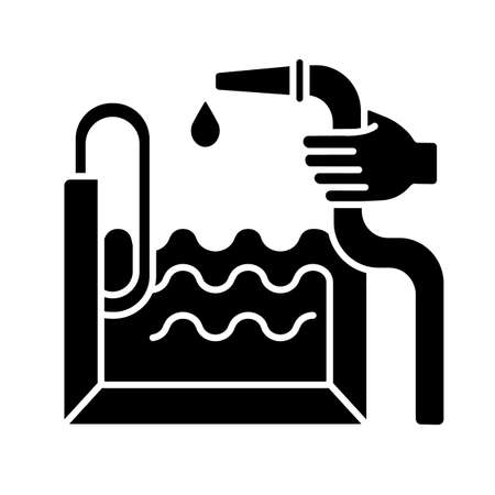 Pool construction black glyph icon. Outdoor recreational facilities. Home improvements. Swimming pool installation, filling with water. Silhouette symbol on white space. Vector isolated illustrationのイラスト素材