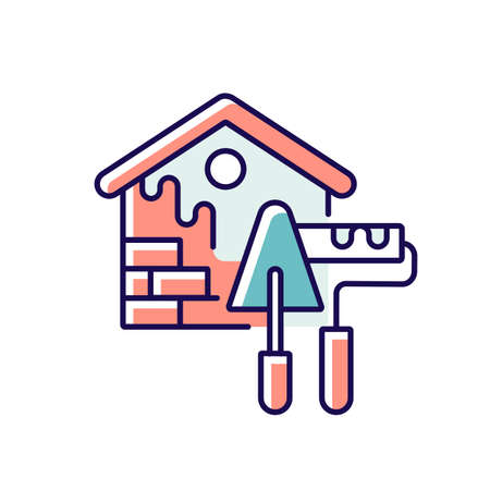 External decoration RGB color icon. Exterior painting. House decorating and renovating. Outside decor. Construction process. Home maintenance and remodeling. Isolated vector illustrationのイラスト素材