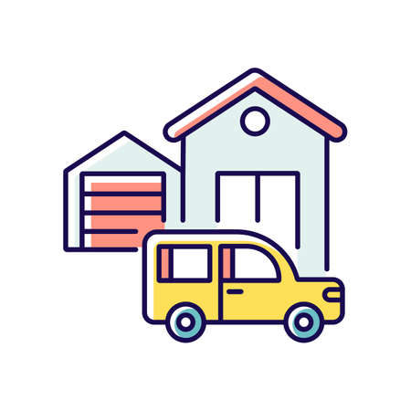 Garage building RGB color icon. Car storage. Home improvements and maintenance. Transport and housing. House facade with modern residential garage and car. Isolated vector illustrationのイラスト素材