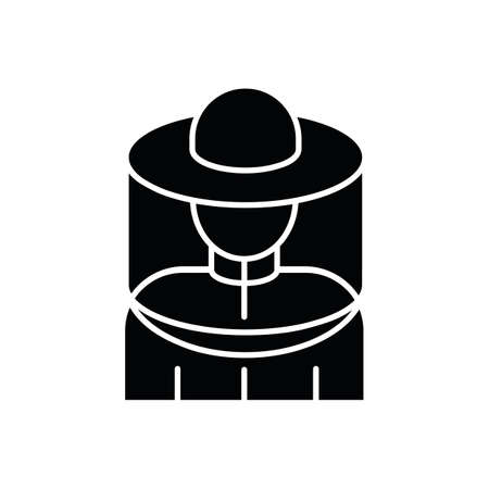 Beekeeper suit black glyph icon. Professional apiarist protective workwear. Beekeeping, apiculture silhouette symbol on white space. Apiary worker, bee farm employee vector isolated illustrationのイラスト素材
