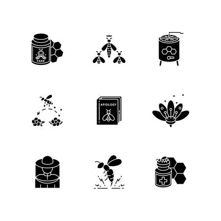 Apiculture black glyph icons set on white space. Beekeeping business, organic honey making farm. Apiary, apiology silhouette symbols. Honeybees and natural bee products. Vector isolated illustrationsのイラスト素材
