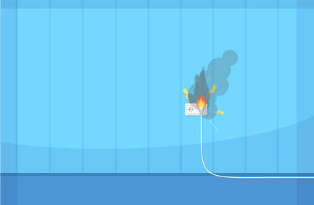 Faulty wiring semi flat RGB color vector illustration. High voltage. Burning flame. Electrical short circuit. Electricity and fire protection isolated cartoon object on dark blue backgroundのイラスト素材