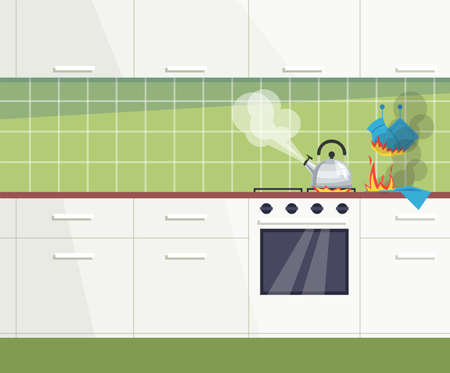 Kitchen ordinary accidents semi flat vector illustration. Forgotten teapot on turning on stove. Boiling and loud whistling kettle. Burning potholders 2D cartoon scene for commercial useのイラスト素材