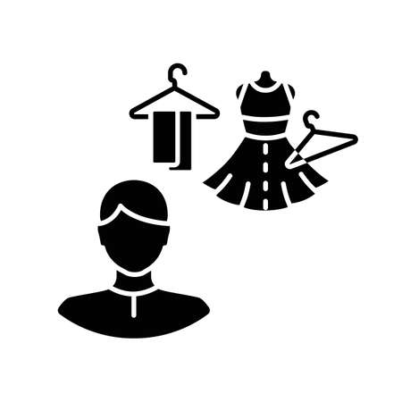 Costume director black glyph icon. Clothing designer. Fashion garment. Couture studio. Tailor workshop. Repair textile service. Silhouette symbol on white space. Vector isolated illustrationのイラスト素材