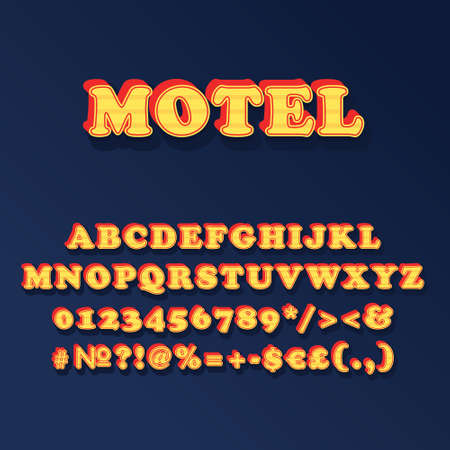 Motel vintage 3d vector alphabet set. Retro bold font, typeface. Pop art stylized lettering. Old school style letters, numbers, symbols pack. 90s, 80s creative typeset design templateのイラスト素材