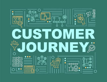 Customer journey word concepts banner. Touchpoint mapping. Infographics with linear icons on blue background. Client experience. Isolated typography. Vector outline RGB color illustrationのイラスト素材