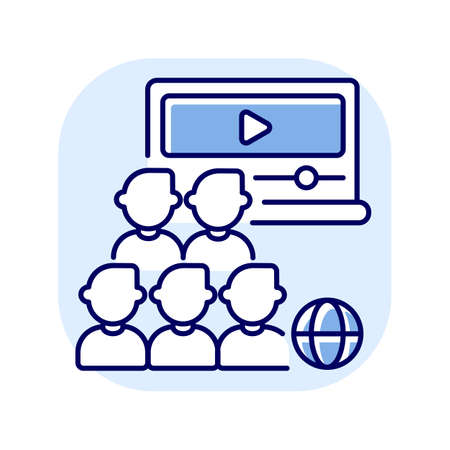 Audience blue RGB color icon. Online group. People watch video on internet. Remote connection with wifi. Distant communication. Networking during quarantine. Isolated vector illustrationのイラスト素材