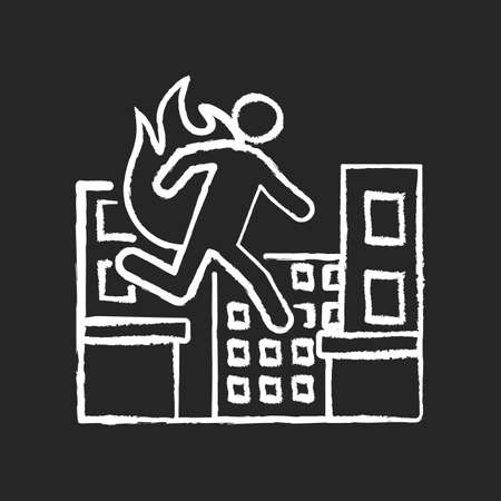 Stuntman chalk white icon on black background. Cinema actor. Movie performer professional. Person run in disaster. Safety during fire hazard. Film production. Isolated vector chalkboard illustrationのイラスト素材