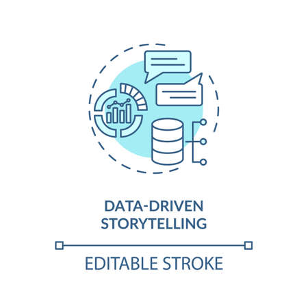 Data-driven storytelling concept icon. Increase social media engagement idea thin line illustration. Digital marketing. Target audience. Vector isolated outline RGB color drawing. Editable strokeのイラスト素材