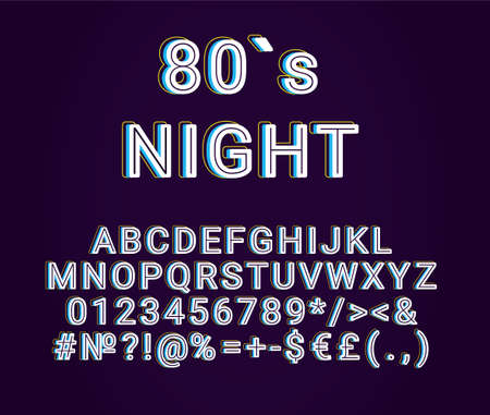 Eighties night vintage 3d vector alphabet set. Retro bold font, typeface. Pop art stylized lettering. Old school style letters, numbers, symbols pack. 90s, 80s creative typeset design templateのイラスト素材