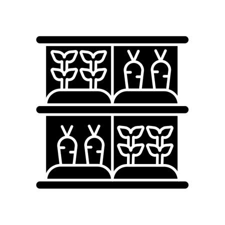 Vertical farm black glyph icon. Artificial gardening. Agriculture production. Cultivate roots and plants. Agribusiness production. Silhouette symbol on white space. Vector isolated illustrationのイラスト素材