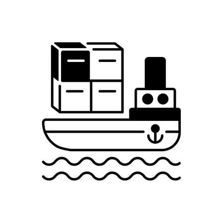 Shipping by sea black linear icon. Commercial transportation, international postal service. Distribution industry outline symbol on white space. Shipment delivery. Vector isolated illustrationのイラスト素材