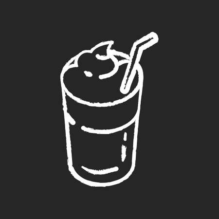 Mocha chalk white icon on black background. Coffee drink with foam and straw. Beverage in glass mug. Cafe menu. Refreshement from restaurant. Coffee shop. Isolated vector chalkboard illustrationのイラスト素材