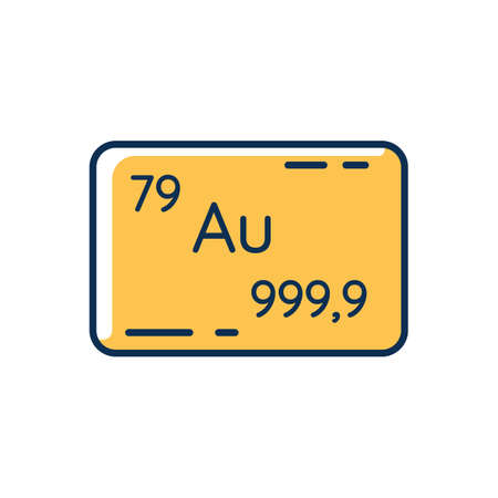 Gold RGB color icon. Precious metal for bank deposit. Golden bullion. Financial wealth and stability. Commodity to invest money. Atomic number of element. Isolated vector illustrationのイラスト素材